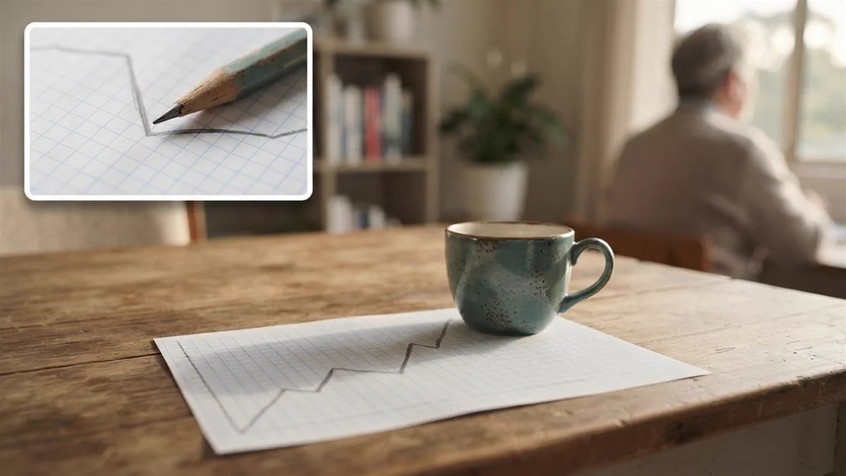 A steep line chart drawn on paper beside a calculator and a cup of tea